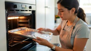 Pode Colocar Papel Alumínio no Forno Elétrico? Sim, Mas com Cuidados Essenciais Mulher colocando assadeira com papel alumínio no forno elétrico com cuidado