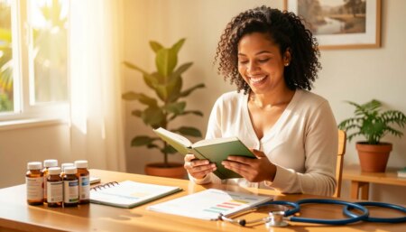 Mãe sorridente segurando caderno e medicamentos em casa, com histórico de saúde organizado