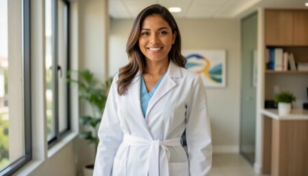 Médica sorridente usando jaleco branco ajustado elegante em clínica moderna
