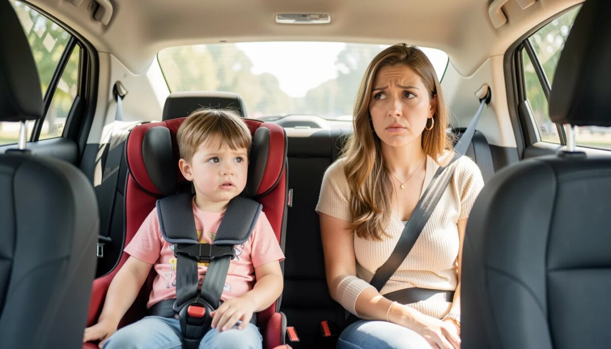 Mãe preocupada olha pelo retrovisor enquanto criança está na cadeirinha do carro.