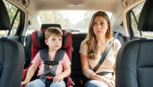 Criança cresceu: quando é hora de rever a forma como ela viaja de carro? Mãe preocupada olha pelo retrovisor enquanto criança está na cadeirinha do carro.