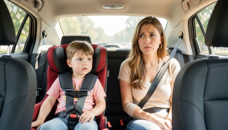 Mãe preocupada olha pelo retrovisor enquanto criança está na cadeirinha do carro.