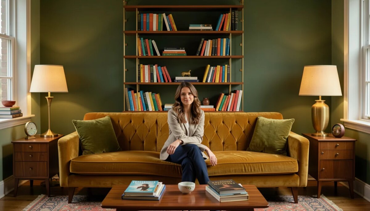 Mulher elegante sentada em sofá de veludo mostarda em sala de estilo cinematográfico com parede verde-oliva e estante si...