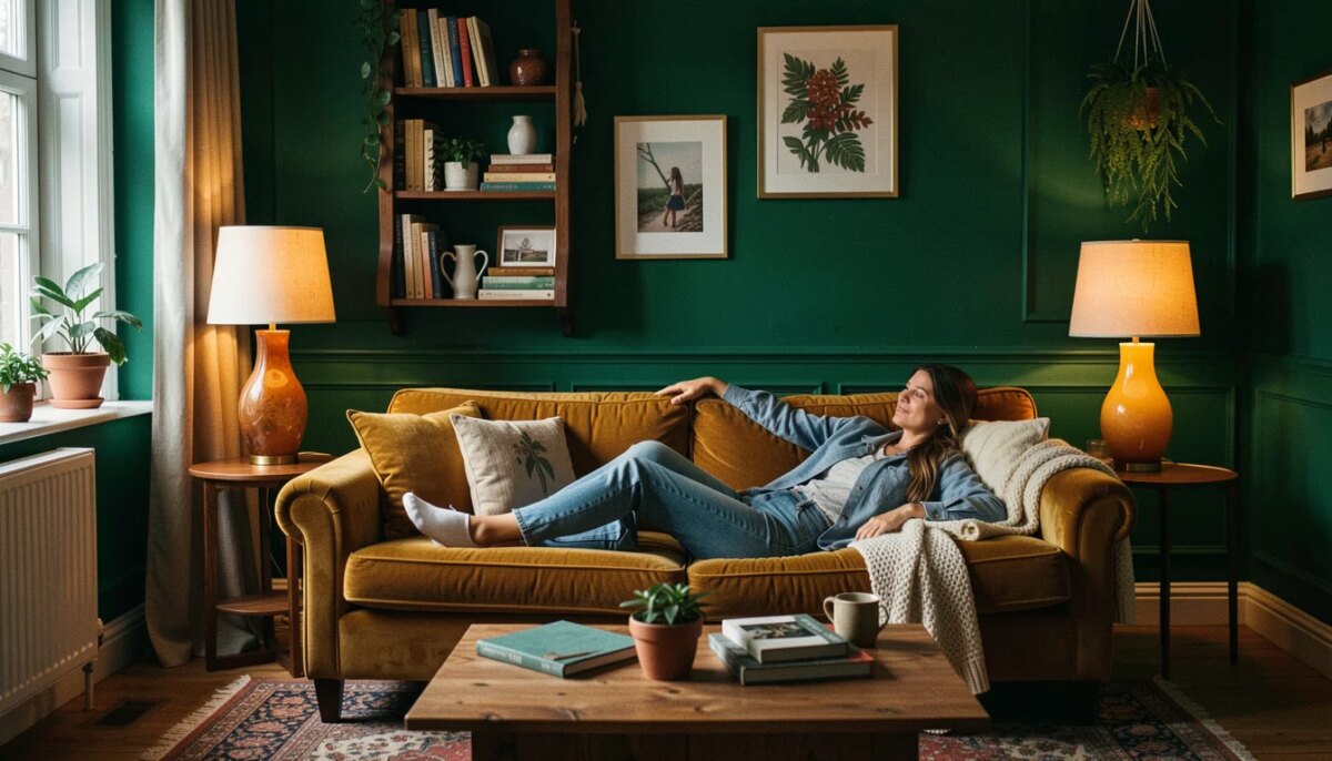 Sala decorada com verde profundo e iluminação âmbar inspirada em filmes