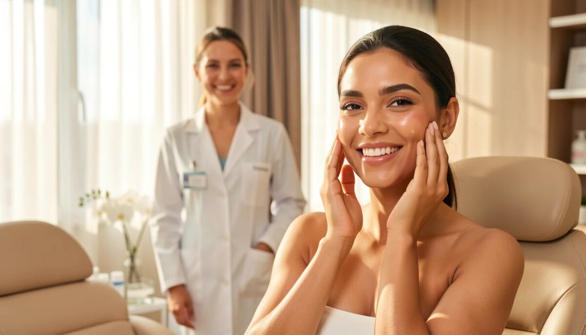 Mulher sorridente em clínica estética com pele radiante