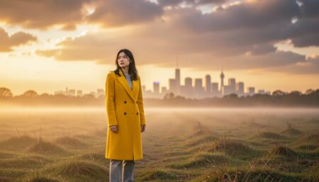 Jovem coreana de casaco amarelo em campo nevoento ao pôr do sol, atmosfera cinematográfica