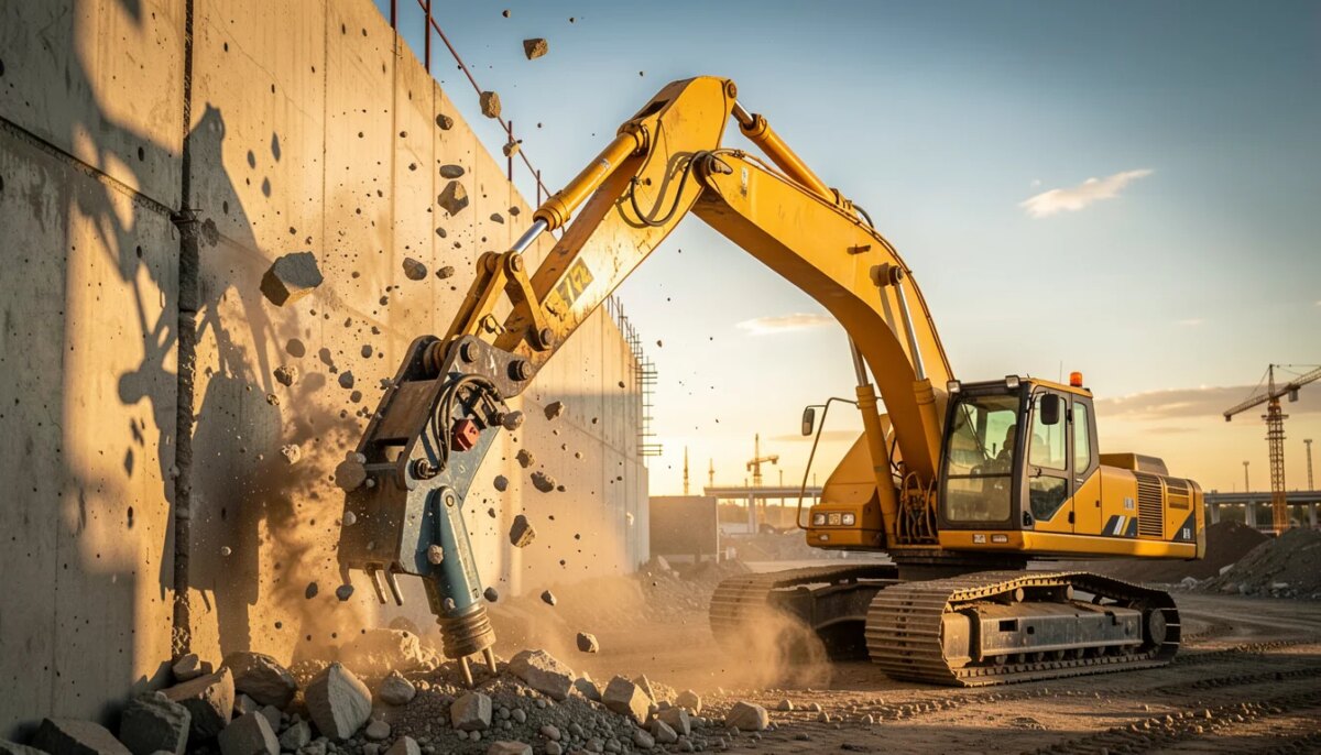 Escavadeira com rompedor hidráulico demolindo parede de concreto em canteiro de obras
