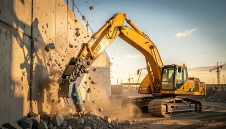 Escavadeira com rompedor hidráulico demolindo parede de concreto em canteiro de obras