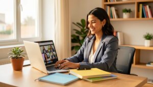 Mulher sorrindo ao estudar administração EAD em laptop em home office.