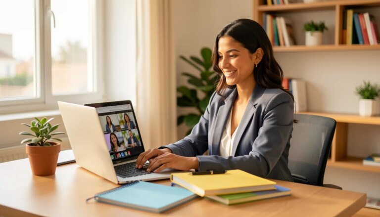 Mulher sorrindo ao estudar administração EAD em laptop em home office.
