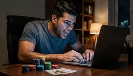 Jogos de cartas na era digital: da mesa aos torneios online Homem concentrado jogando torneio de pôquer online em casa, com cartas e fichas na mesa ao lado do notebook