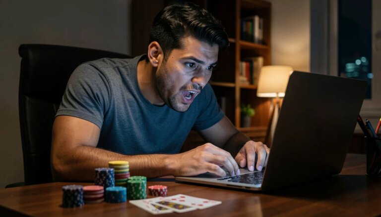 Homem concentrado jogando torneio de pôquer online em casa, com cartas e fichas na mesa ao lado do notebook