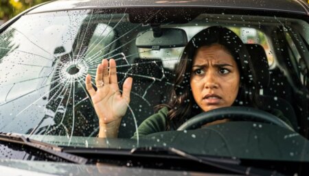 10 itens do carro que parecem estar em bom estado, mas podem comprometer sua segurança Mulher preocupada olhando para trinca no para-brisa do carro
