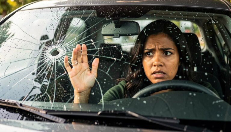 Mulher preocupada olhando para trinca no para-brisa do carro