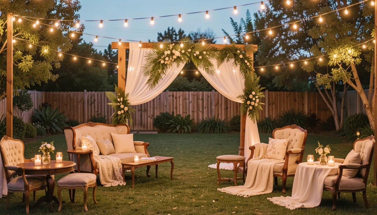 10 ideias de decoração de casamento simples e barato em casa Decoração de casamento em casa com luzes e altar rústico