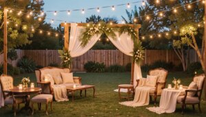 Decoração de casamento em casa com luzes e altar rústico