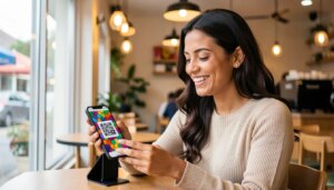 QR code Pix: como funciona e por que facilita suas transações Mulher sorridente escaneando um QR code com o celular em um café aconchegante.
