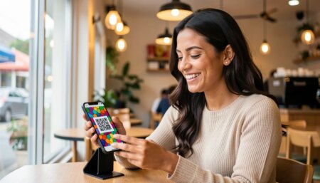 Mulher sorridente escaneando um QR code com o celular em um café aconchegante.