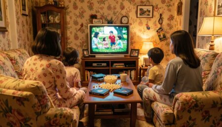 Família brasileira dos anos 90 assistindo filme na TV de tubo em sala retrô, vista de costas, com pipoca e fitas VHS.