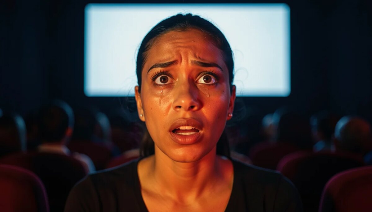 A cena de cinco minutos que redefine o filme: como um curto momento muda tudo Mulher emocionada no cinema com o rosto iluminado pela luz do projetor, revelação cinematográfica