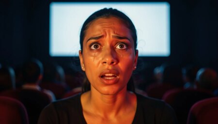 Mulher emocionada no cinema com o rosto iluminado pela luz do projetor, revelação cinematográfica