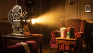 5 filmes dos anos 90 fora do radar que os amantes de cinema precisam conhecer Projetor de cinema vintage e rolos de filme em clima nostálgico