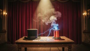 Filme O Grande Truque explicado: a obsessão que move a mágica de Nolan Palco vitoriano de mágica com cartas, cartola e bobinas de Tesla brilhando sob luz dramática