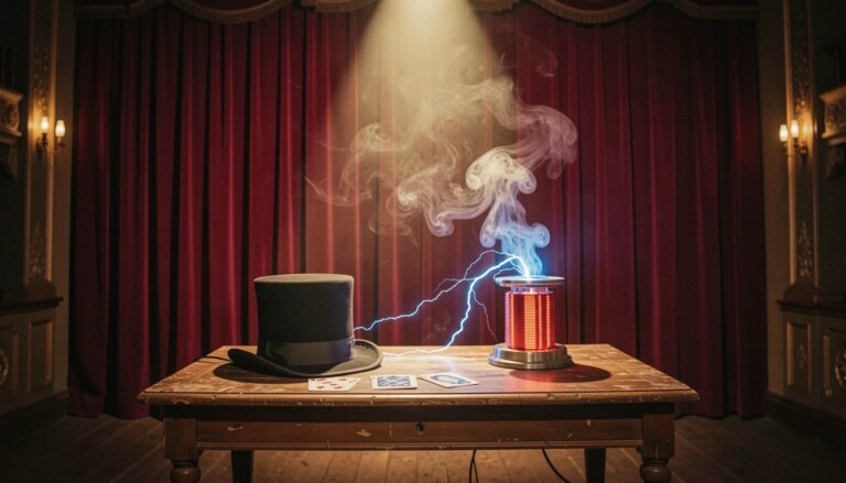 Filme O Grande Truque explicado: a obsessão que move a mágica de Nolan Palco vitoriano de mágica com cartas, cartola e bobinas de Tesla brilhando sob luz dramática