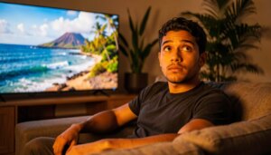Jovem assistindo documentário sobre o Havaí com olhar de surpresa e admiração