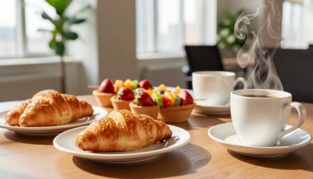 Mesa de coffee break corporativo com croissants dourados, frutas frescas e café fumegante em xícaras