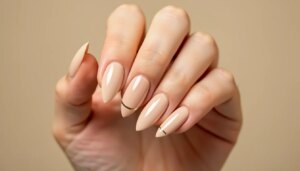 Mão com unhas de gel amendoadas nude e linha dourada fina, brilho elegante