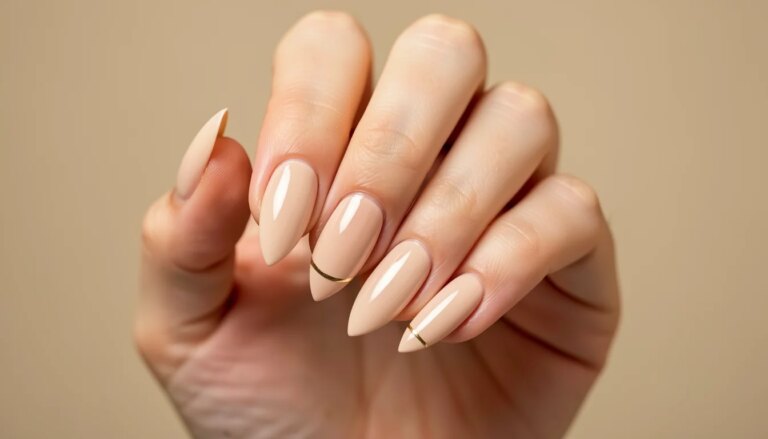Mão com unhas de gel amendoadas nude e linha dourada fina, brilho elegante