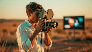 Cineasta brasileiro com câmera 16mm no sertão ao pôr do sol, do Cinema Novo ao streaming