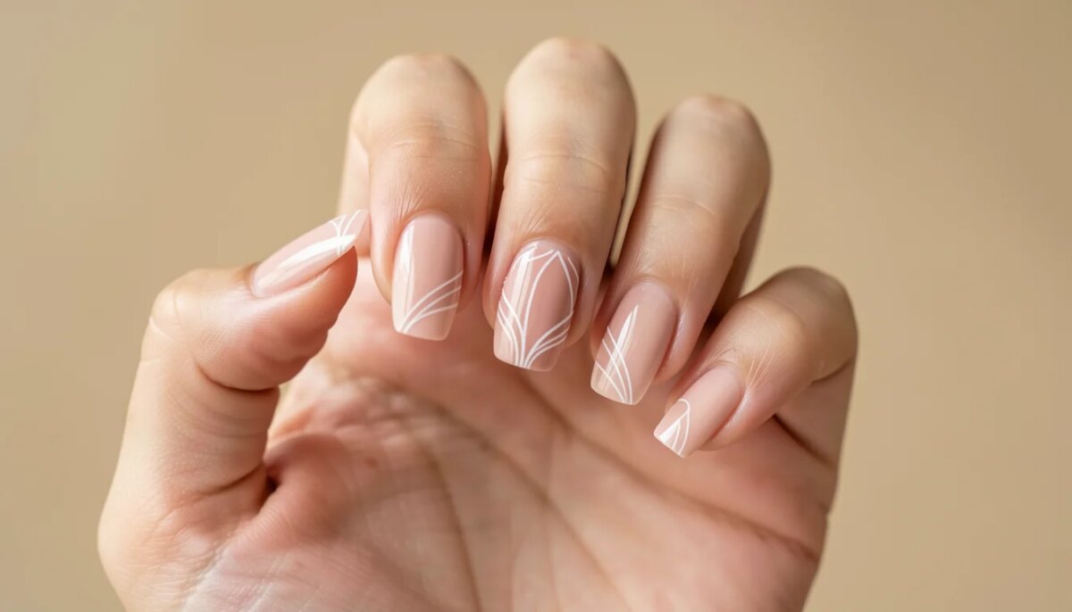 Mão com unhas delicadas em gel nude, formato quadrado arredondado curto e traço fino