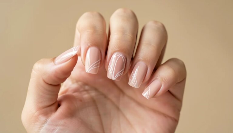Mão com unhas delicadas em gel nude, formato quadrado arredondado curto e traço fino
