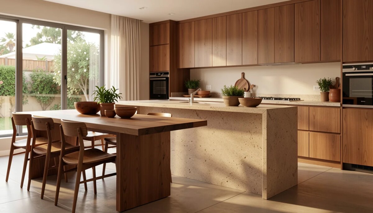 Cozinha com mesa de jantar integrada: ilha, bancada e medidas que funcionam Cozinha moderna com mesa de jantar integrada à ilha de pedra e ampla circulação
