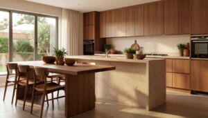 Cozinha com mesa de jantar integrada: ilha, bancada e medidas que funcionam Cozinha moderna com mesa de jantar integrada à ilha de pedra e ampla circulação
