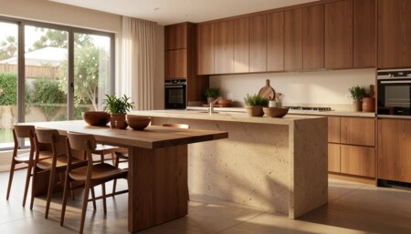 Cozinha moderna com mesa de jantar integrada à ilha de pedra e ampla circulação