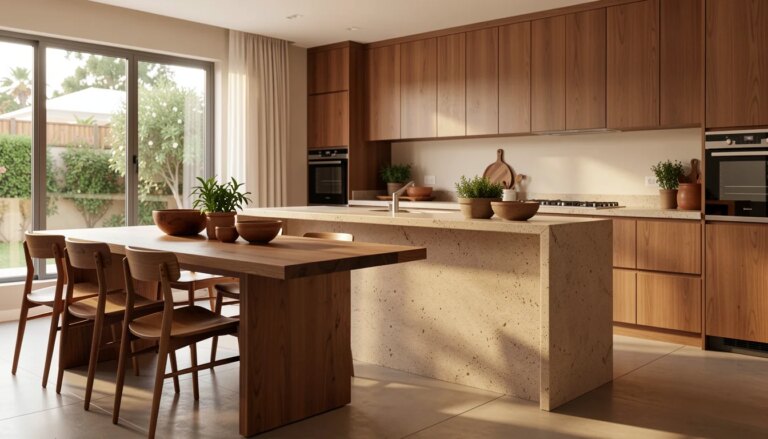 Cozinha moderna com mesa de jantar integrada à ilha de pedra e ampla circulação