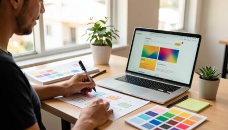 Designer criando wireframe colorido de site em estúdio moderno e iluminado