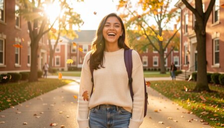 Estudante brasileira sorridente em campus universitário americano no outono, simbolizando intercâmbio nos EUA