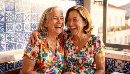 Minha Melhor Amiga: tudo sobre o filme de Ingrid Guimarães e Mônica Martelli Duas amigas brasileiras de 50 anos rindo juntas em terraço ensolarado de Lisboa