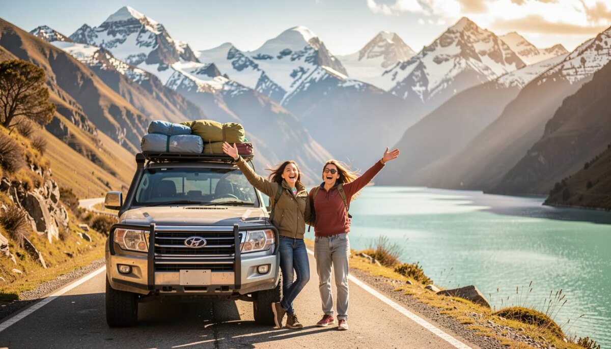 Road trip pela América do Sul: como planejar uma viagem de carro entre vários países Casal brasileiro comemora ao lado do carro em estrada dos Andes durante road trip pela América do Sul