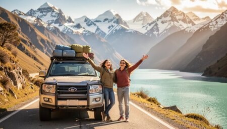 Road trip pela América do Sul: como planejar uma viagem de carro entre vários países Casal brasileiro comemora ao lado do carro em estrada dos Andes durante road trip pela América do Sul