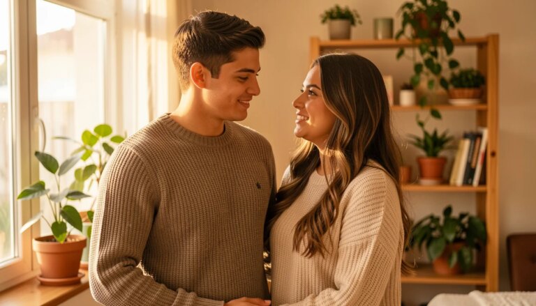 Casal jovem brasileiro em apartamento aconchegante, cena doméstica da série Amor da Minha Vida