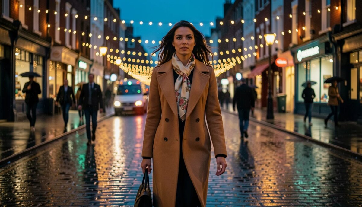 Mulher elegante caminhando em rua de Londres à noite com luzes festivas, clima de suspense e espionagem