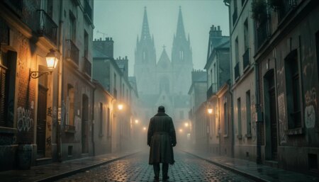 Cena gótica do século XIX em Paris, com catedral ao fundo, neblina densa e homem de capa ao longe