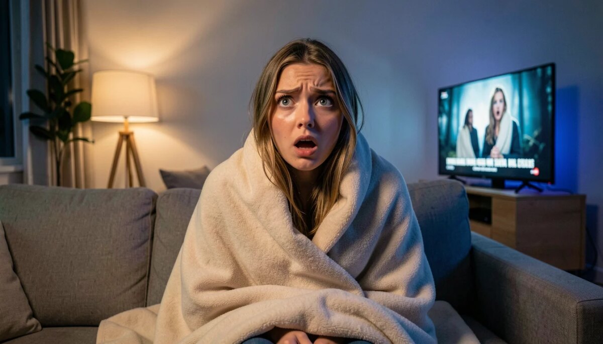 Filmes de suspense baseados em histórias reais que são de arrepiar Mulher assustada assistindo filme de suspense baseado em fatos reais no sofá de casa.