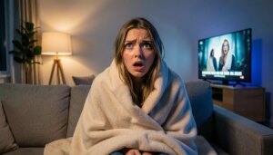 Filmes de suspense baseados em histórias reais que são de arrepiar Mulher assustada assistindo filme de suspense baseado em fatos reais no sofá de casa.