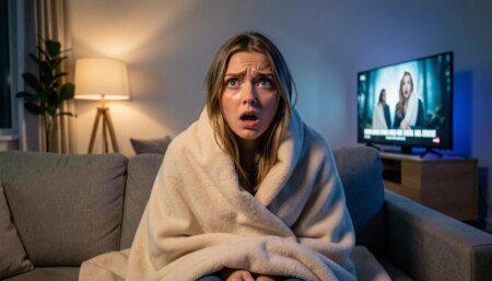 Mulher assustada assistindo filme de suspense baseado em fatos reais no sofá de casa.